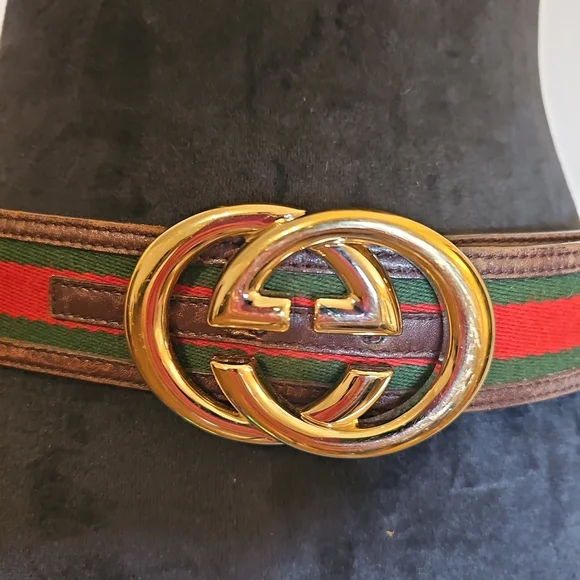 Gucci Women's Leather And Canvas Belt with Red and Green Stripes Vintage - Picture 2 of 11